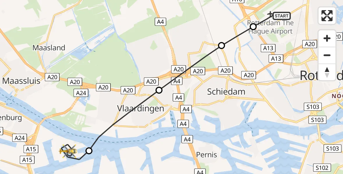 Vluchtroute Traumahelikopter van Rotterdam The Hague Airport naar Rotterdam