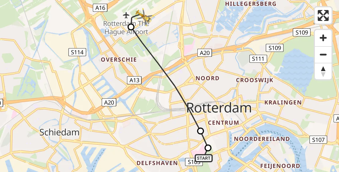 Vluchtroute Traumahelikopter van Erasmus MC naar Rotterdam The Hague Airport