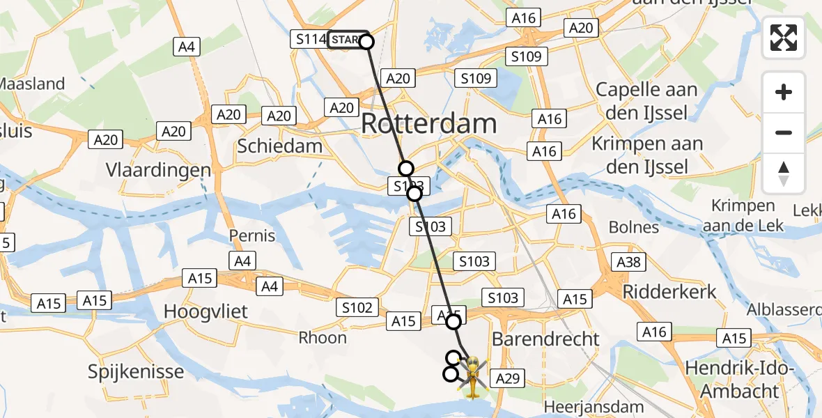 Vluchtroute Traumahelikopter van Rotterdam The Hague Airport naar Barendrecht