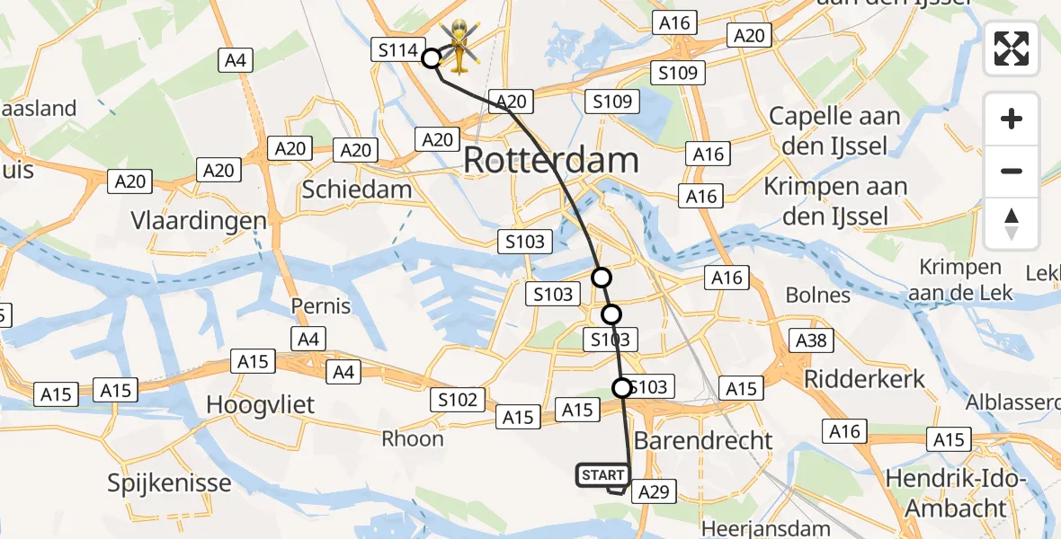 Vluchtroute Traumahelikopter van Barendrecht naar Rotterdam The Hague Airport