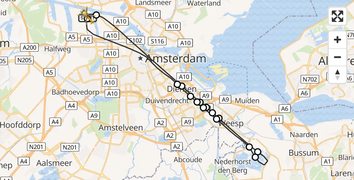 Vluchtroute Traumahelikopter van Amsterdam Heliport naar Amsterdam Heliport