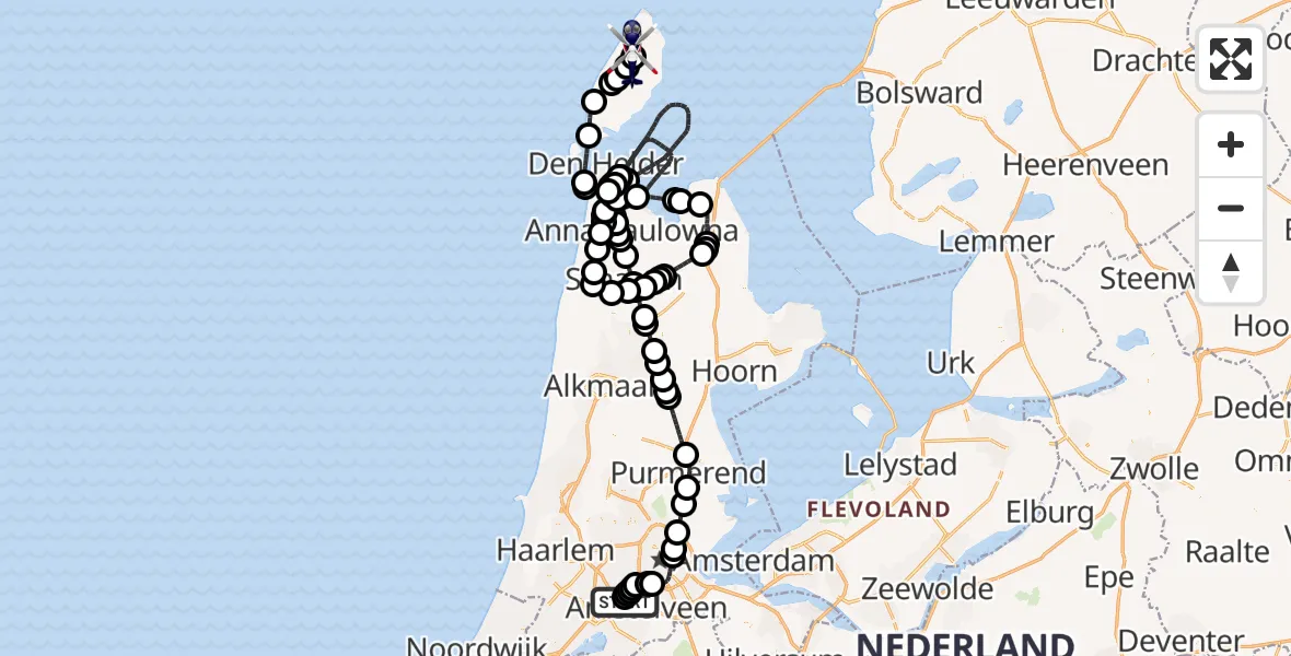 Vluchtroute Politiehelikopter van Amsterdam Vliegveld Schiphol naar Texel International Airport