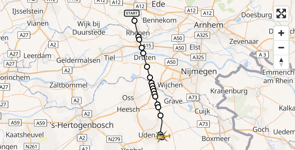 Vluchtroute Traumahelikopter van Veenendaal naar Vliegbasis Volkel