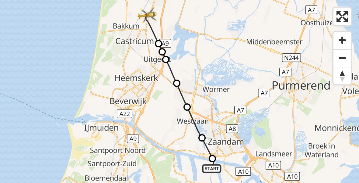 Vluchtroute Traumahelikopter van Amsterdam Heliport naar Limmen