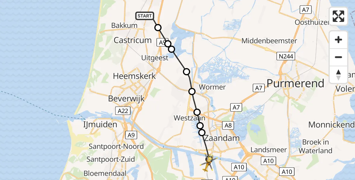 Vluchtroute Traumahelikopter van Limmen naar Amsterdam Heliport
