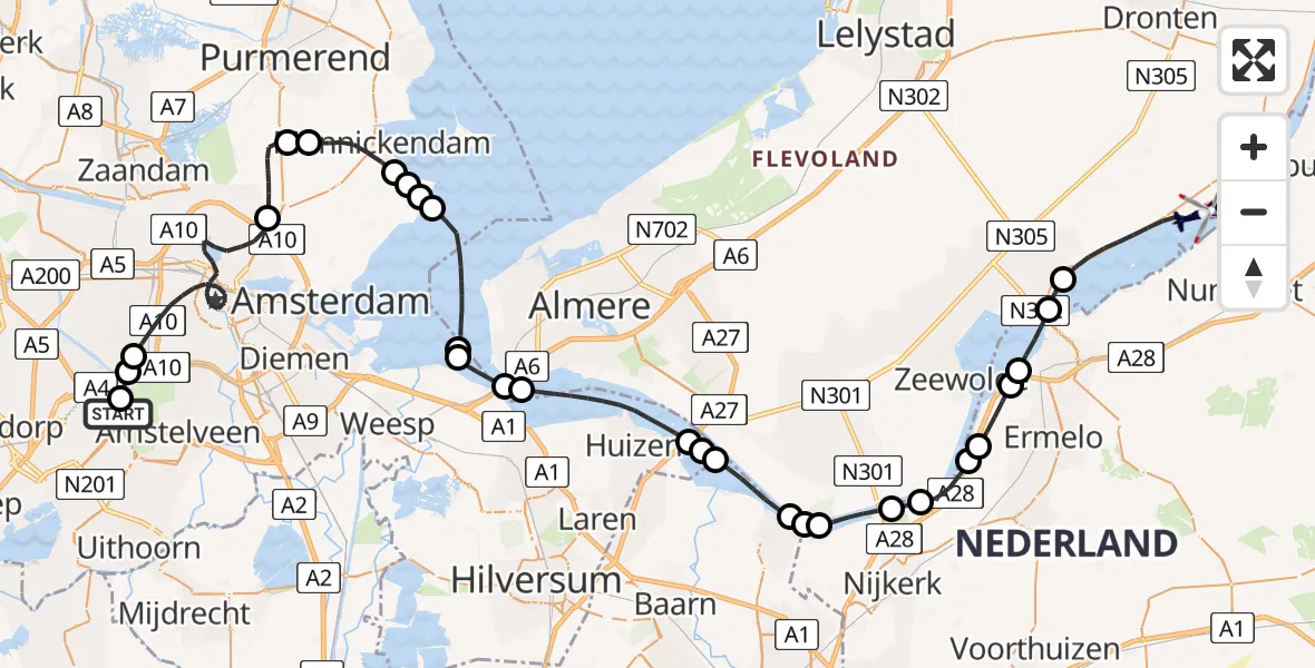 Vluchtroute Politiehelikopter van Amsterdam Vliegveld Schiphol naar Biddinghuizen