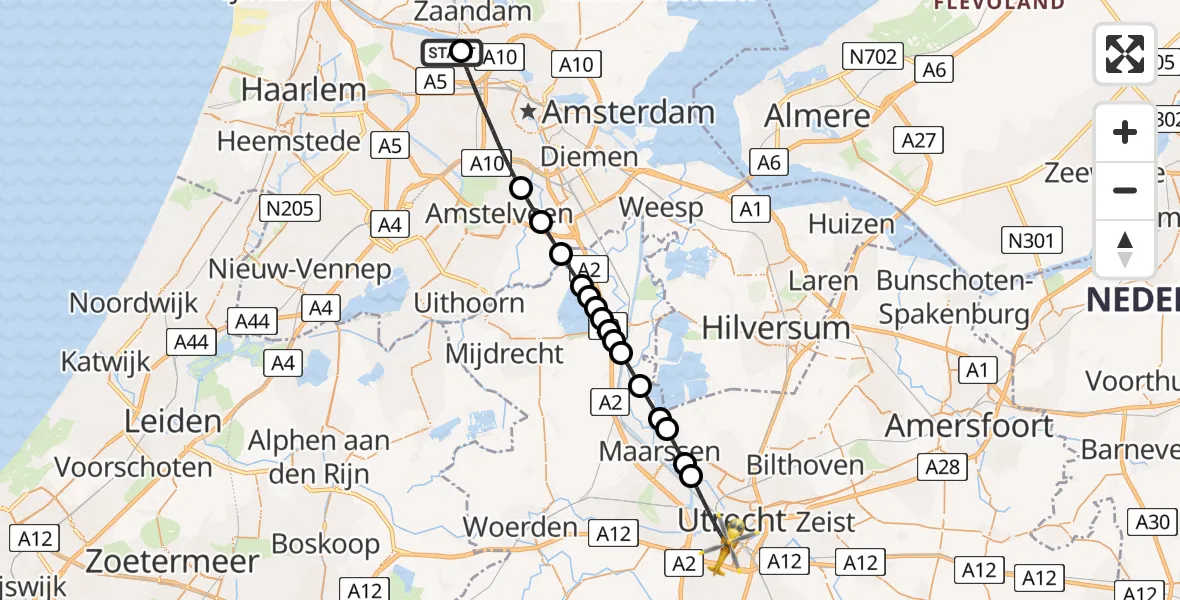 Vluchtroute Traumahelikopter van Amsterdam Heliport naar Utrecht