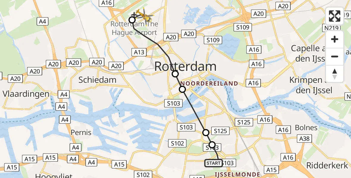 Vluchtroute Traumahelikopter van Rotterdam naar Rotterdam The Hague Airport