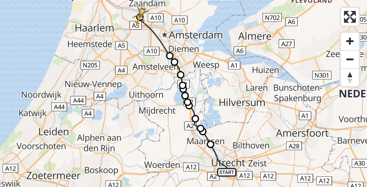 Vluchtroute Traumahelikopter van Utrecht naar Amsterdam Heliport