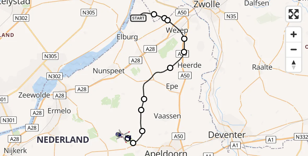 Vluchtroute Politiehelikopter van Oosterwolde Gld naar Uddel