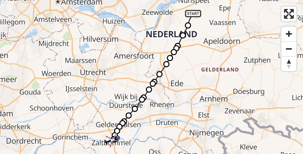 Vluchtroute Politiehelikopter van Elspeet naar Zaltbommel