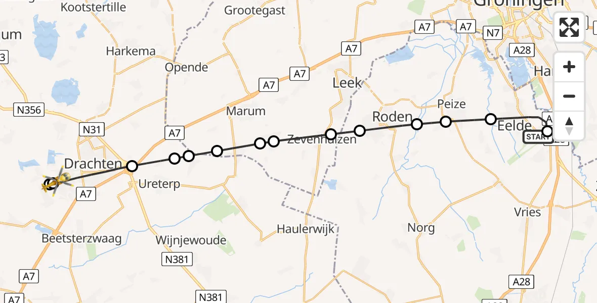 Vluchtroute Traumahelikopter van Groningen Airport Eelde naar Drachten