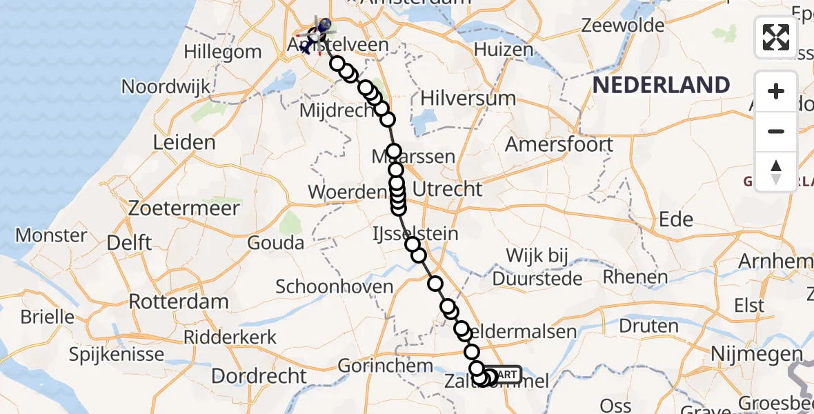 Vluchtroute Politiehelikopter van Zaltbommel naar Amsterdam Vliegveld Schiphol