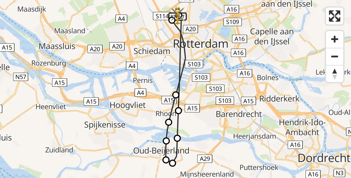 Vluchtroute Traumahelikopter van Rotterdam The Hague Airport naar Rotterdam The Hague Airport