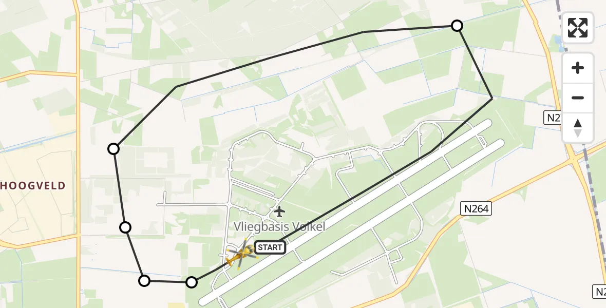 Vluchtroute Traumahelikopter van Vliegbasis Volkel naar Vliegbasis Volkel