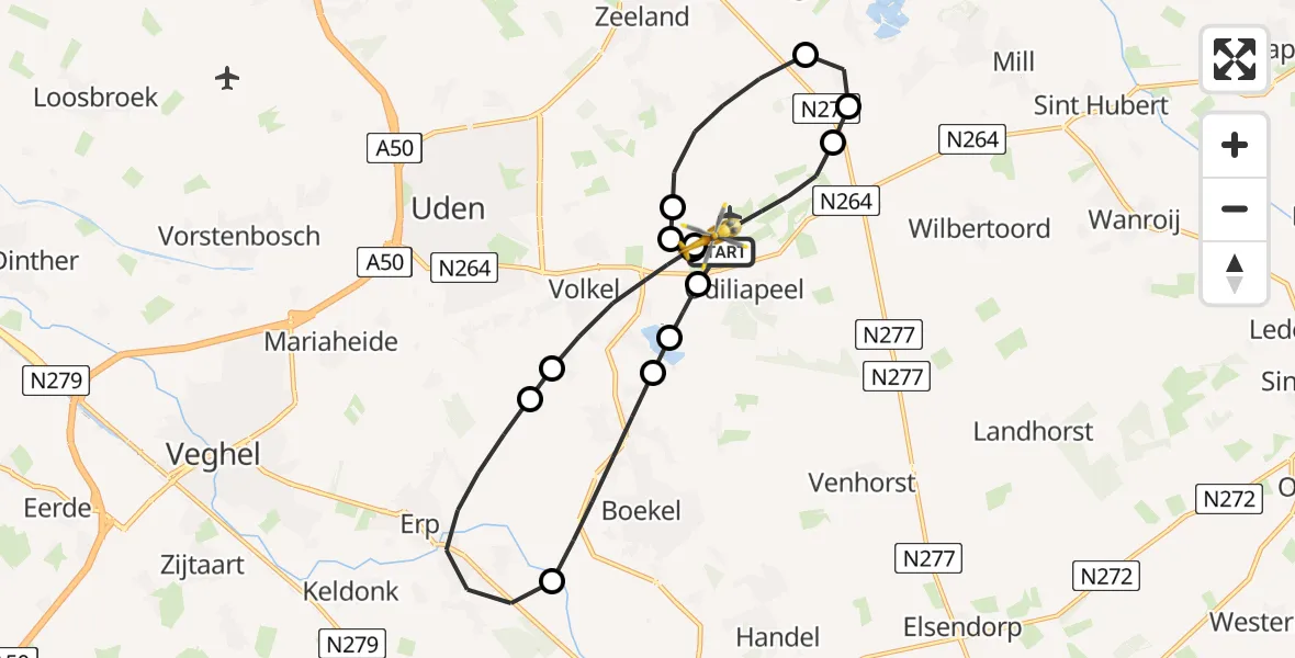 Vluchtroute Traumahelikopter van Vliegbasis Volkel naar Vliegbasis Volkel