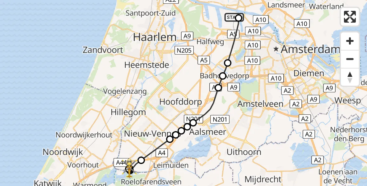 Vluchtroute Traumahelikopter van Amsterdam Heliport naar Abbenes