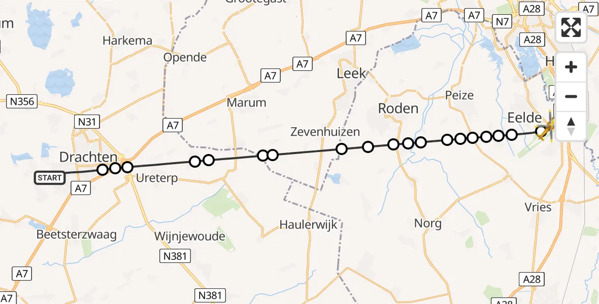 Vluchtroute Traumahelikopter van Drachten naar Groningen Airport Eelde