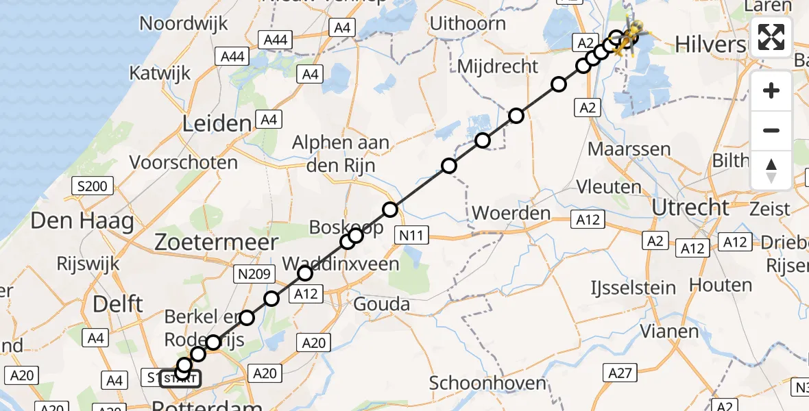 Vluchtroute Traumahelikopter van Rotterdam The Hague Airport naar Vreeland