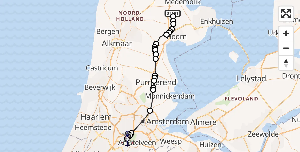 Vluchtroute Politiehelikopter van Oostwoud naar Amsterdam Vliegveld Schiphol