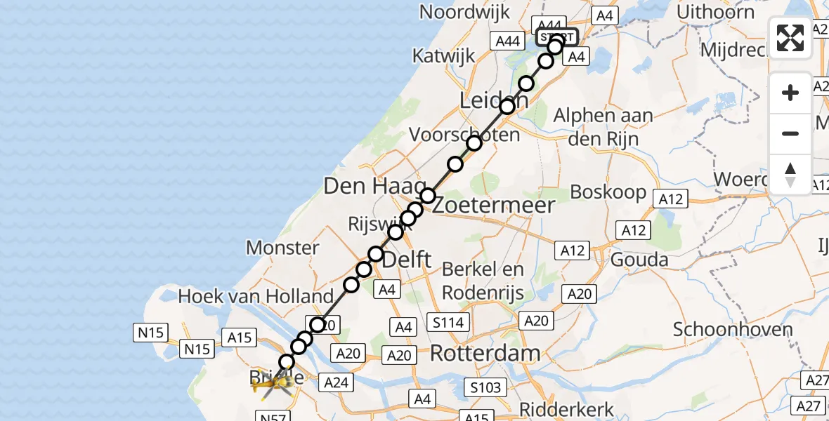 Vluchtroute Traumahelikopter van Abbenes naar Brielle
