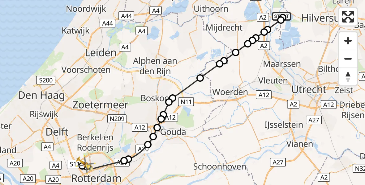 Vluchtroute Traumahelikopter van Vreeland naar Rotterdam The Hague Airport