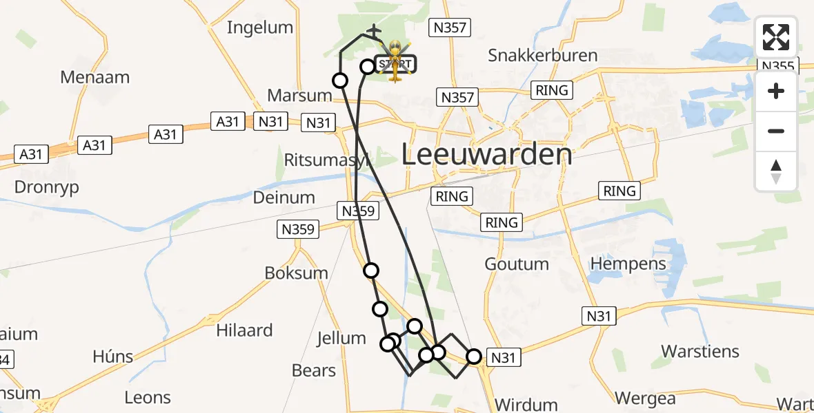 Vluchtroute Ambulancehelikopter van Vliegbasis Leeuwarden naar Vliegbasis Leeuwarden