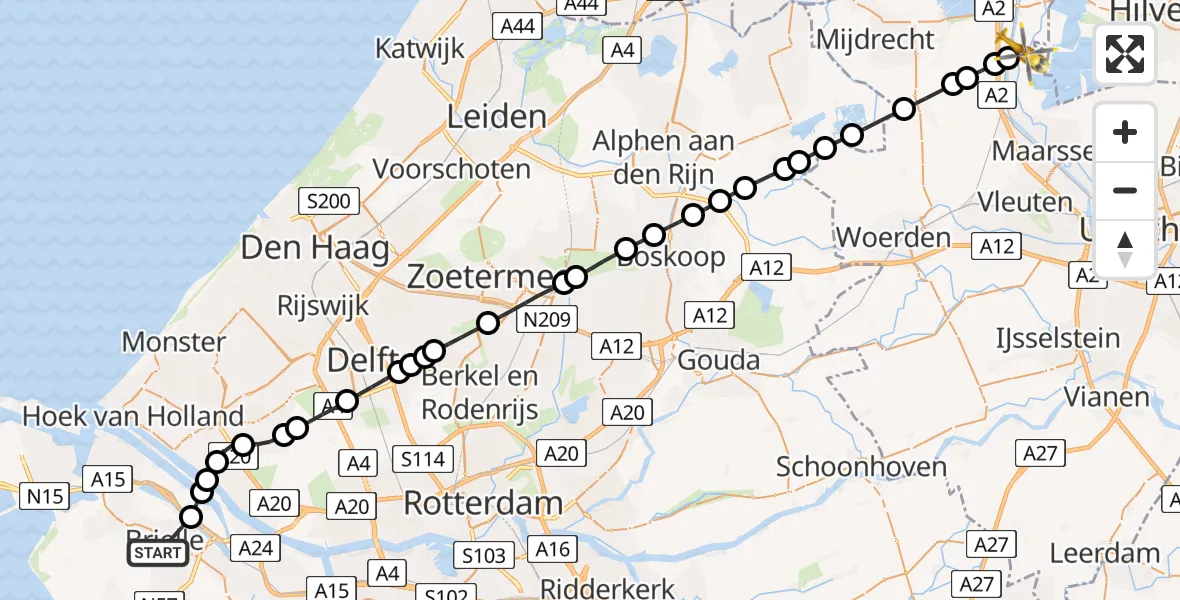 Vluchtroute Traumahelikopter van Brielle naar Nieuwersluis