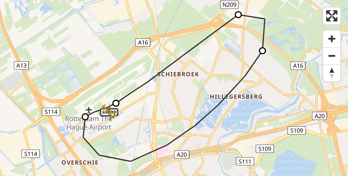 Vluchtroute Traumahelikopter van Rotterdam The Hague Airport naar Rotterdam The Hague Airport