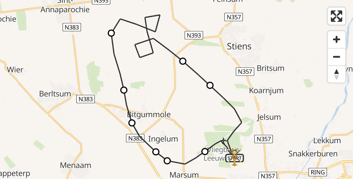 Vluchtroute Ambulancehelikopter van Vliegbasis Leeuwarden naar Vliegbasis Leeuwarden