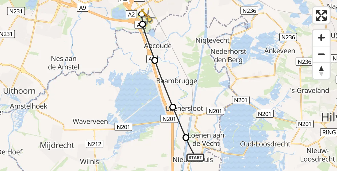 Vluchtroute Traumahelikopter van Nieuwersluis naar Amsterdam UMC Helipad