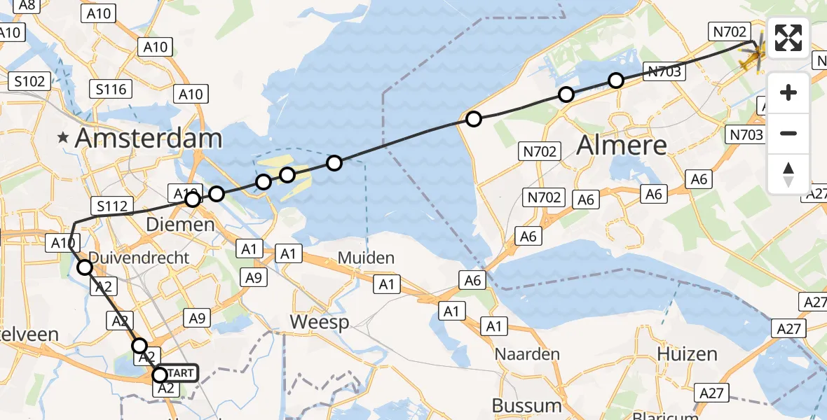 Vluchtroute Traumahelikopter van Amsterdam UMC Helipad naar Almere