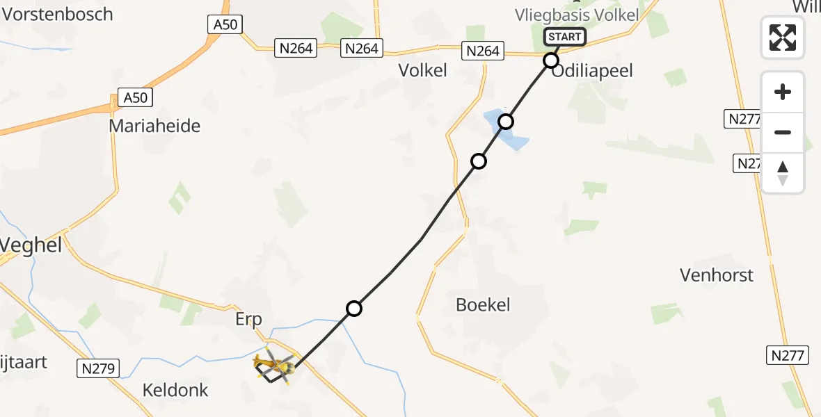 Vluchtroute Traumahelikopter van Vliegbasis Volkel naar Erp