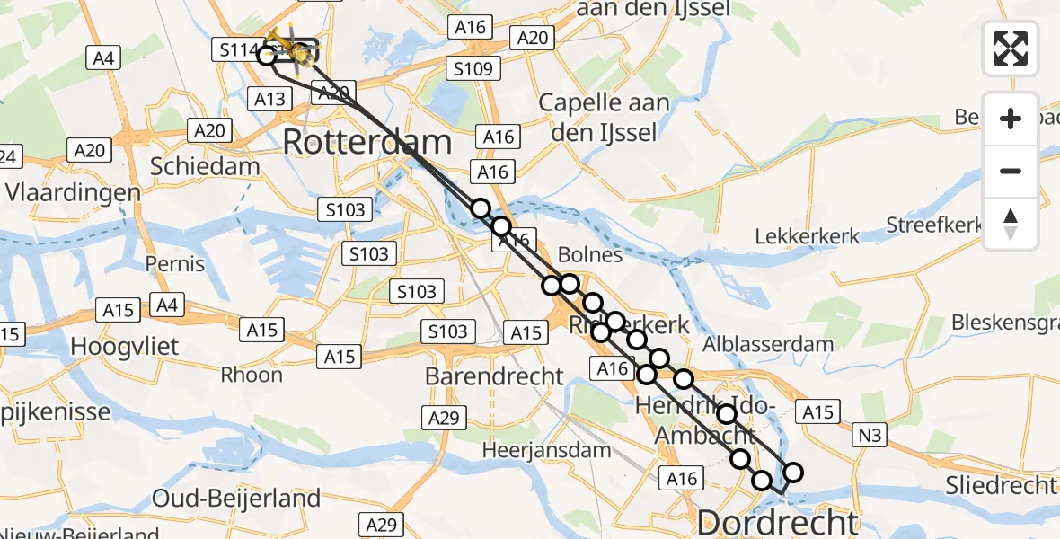 Vluchtroute Traumahelikopter van Rotterdam The Hague Airport naar Rotterdam The Hague Airport