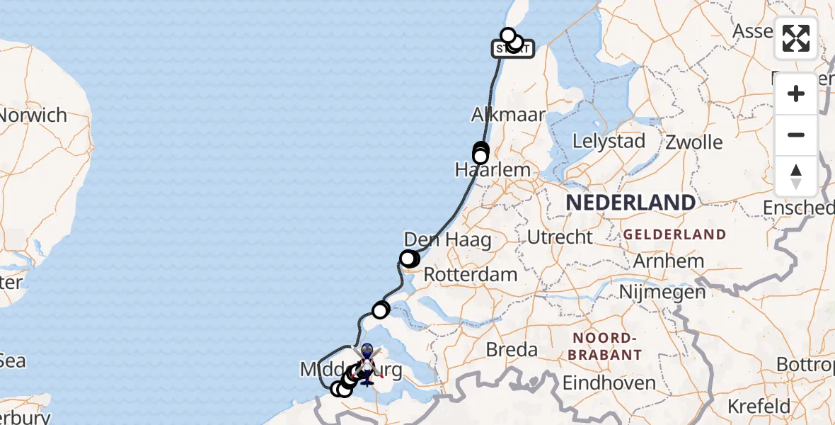 Vluchtroute Politiehelikopter van Militair vliegveld De Kooy / Den Helder Airport naar Vliegveld Midden-Zeeland
