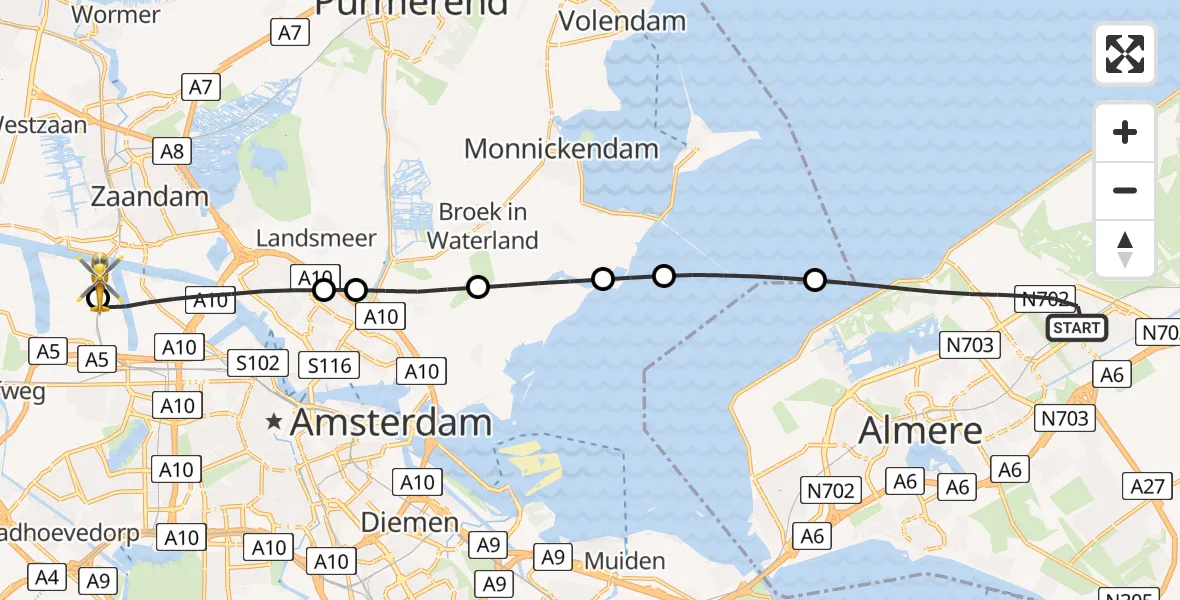 Vluchtroute Traumahelikopter van Almere naar Amsterdam Heliport