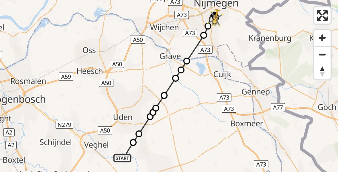 Vluchtroute Traumahelikopter van Erp naar Radboud University Medical Center Heliport
