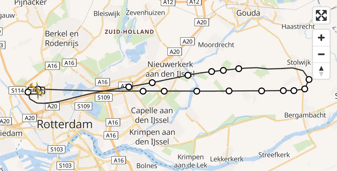 Vluchtroute Traumahelikopter van Rotterdam The Hague Airport naar Rotterdam The Hague Airport