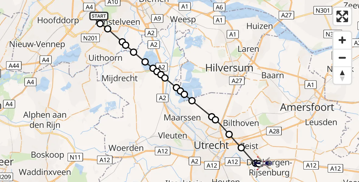 Vluchtroute Politiehelikopter van Amsterdam Vliegveld Schiphol naar Driebergen-Rijsenburg