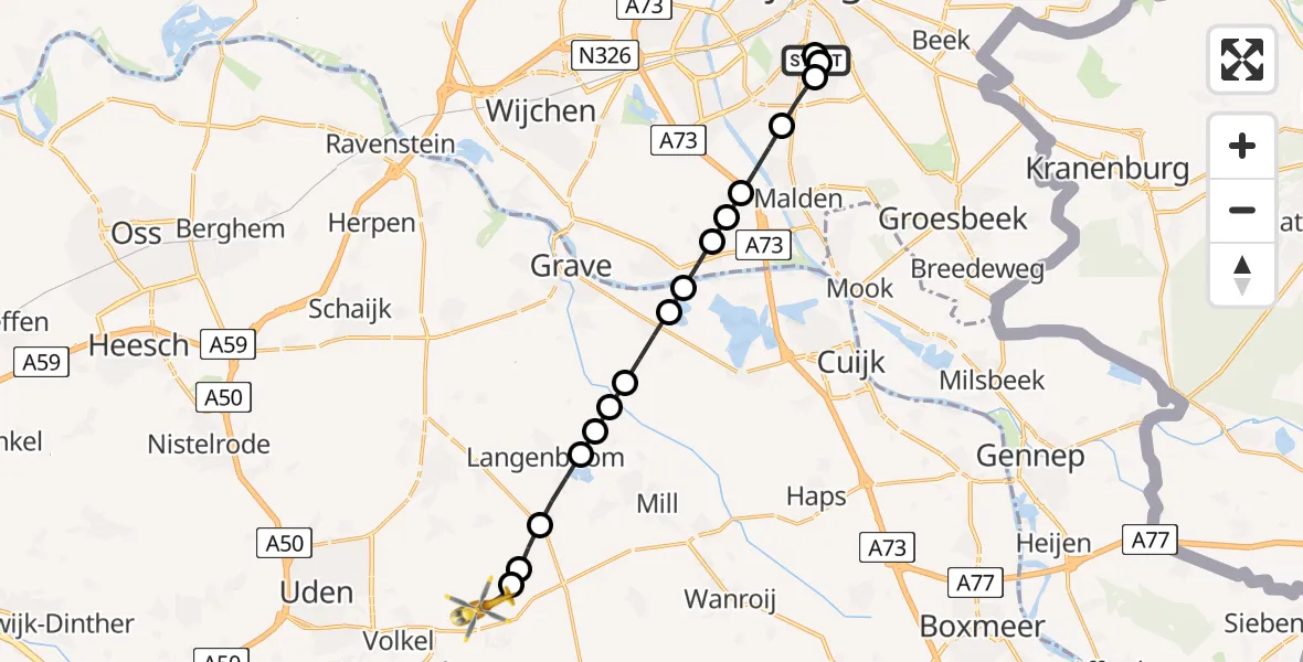 Vluchtroute Traumahelikopter van Radboud Universitair Medisch Centrum naar Vliegbasis Volkel