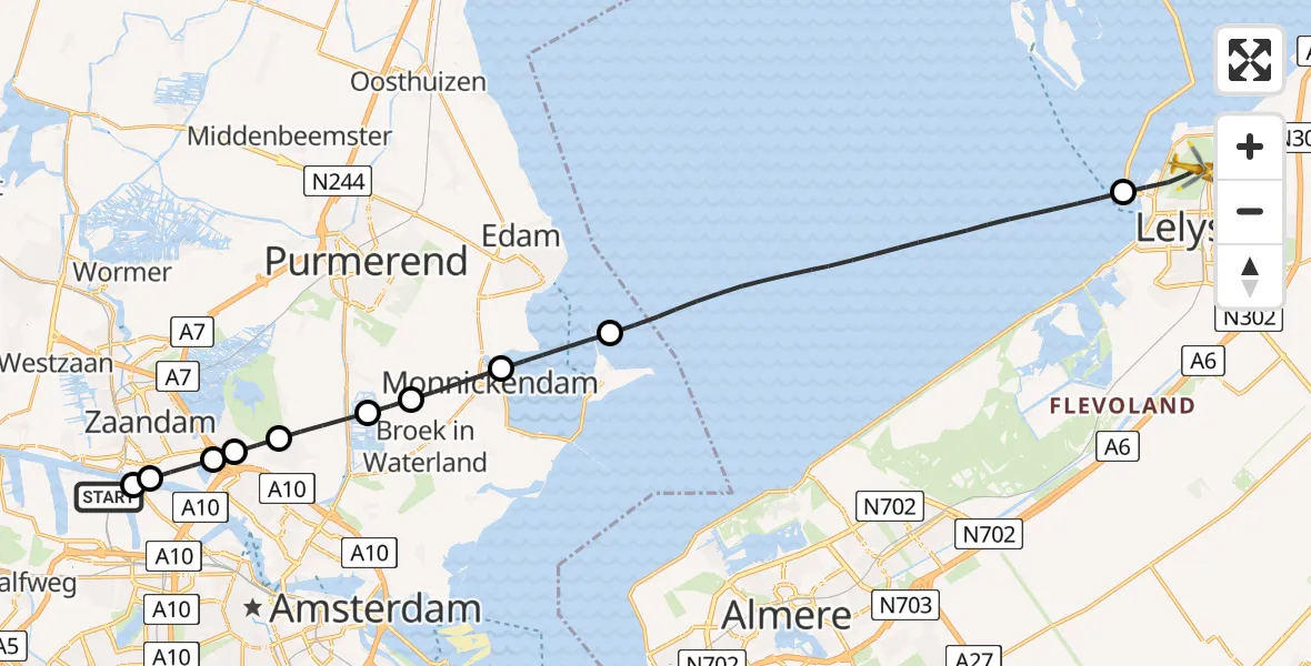 Vluchtroute Traumahelikopter van Amsterdam Heliport naar Lelystad
