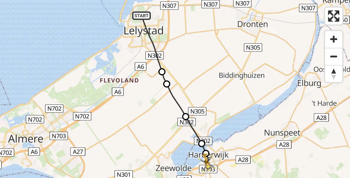 Vluchtroute Traumahelikopter van Lelystad naar Harderwijk