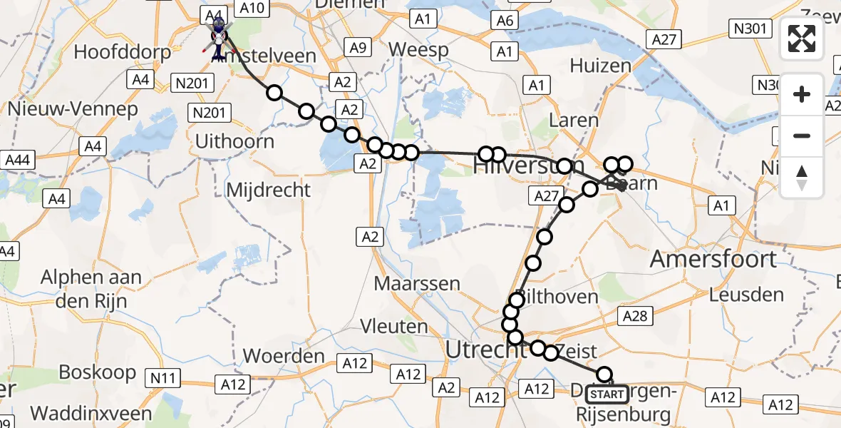 Vluchtroute Politiehelikopter van Driebergen-Rijsenburg naar Amsterdam Vliegveld Schiphol