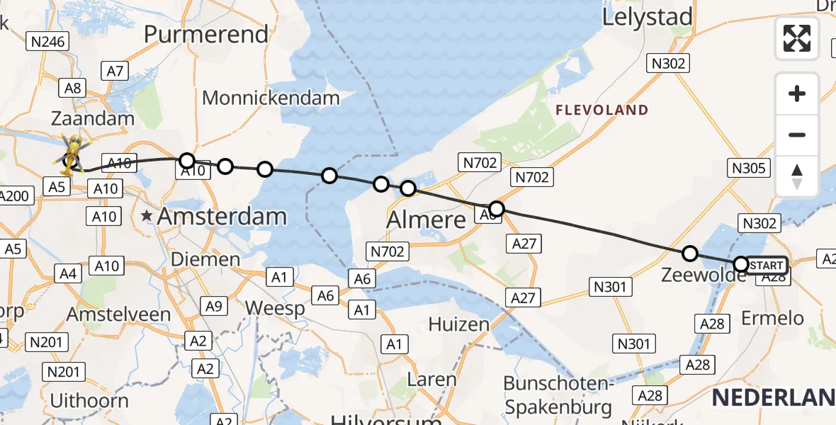Vluchtroute Traumahelikopter van Harderwijk naar Amsterdam Heliport