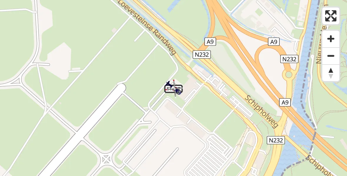 Vluchtroute Politiehelikopter van Amsterdam Vliegveld Schiphol naar Amsterdam Vliegveld Schiphol