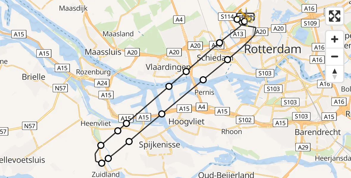 Vluchtroute Traumahelikopter van Rotterdam The Hague Airport naar Rotterdam The Hague Airport