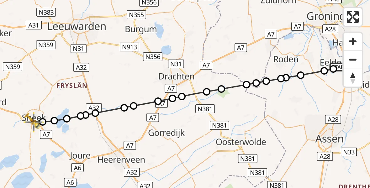Vluchtroute Traumahelikopter van Groningen Airport Eelde naar Sneek