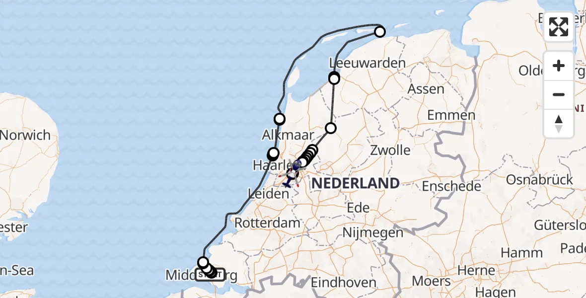 Routekaart van de vlucht: Politiehelikopter naar Amsterdam Vliegveld Schiphol