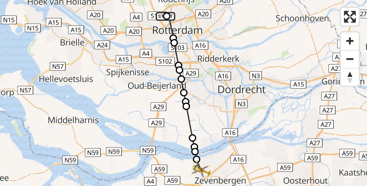 Vluchtroute Traumahelikopter van Rotterdam The Hague Airport naar Klundert