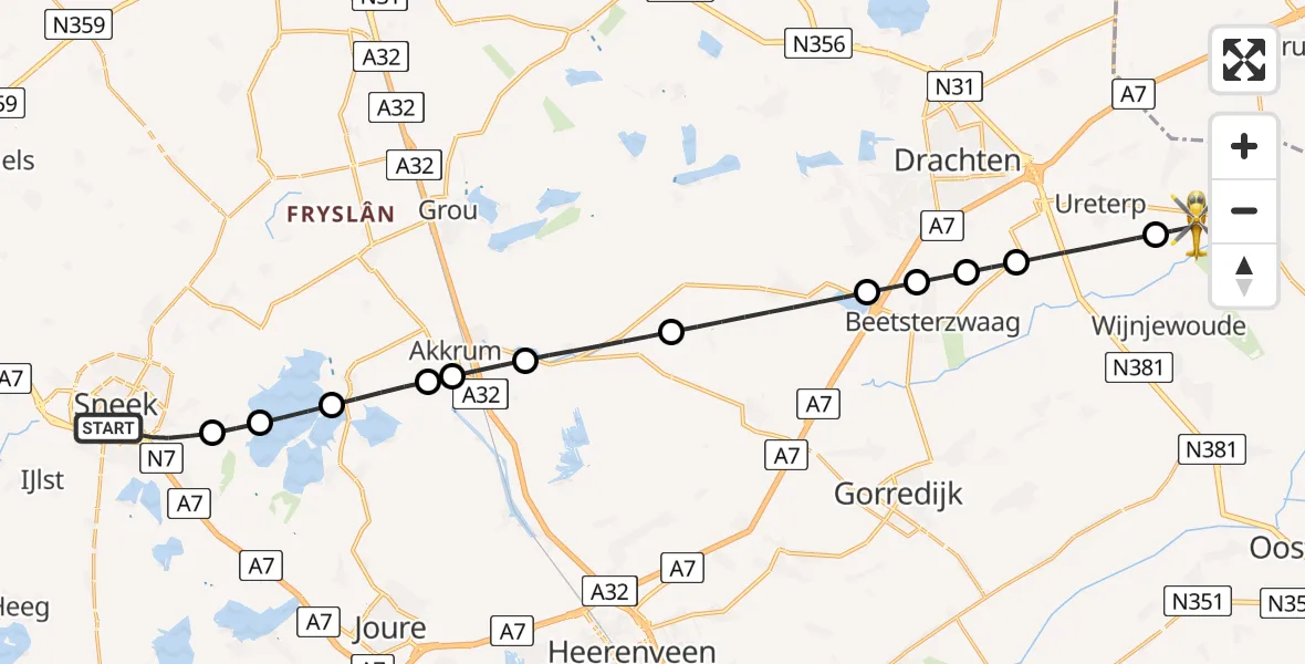 Vluchtroute Traumahelikopter van Sneek naar Siegerswoude